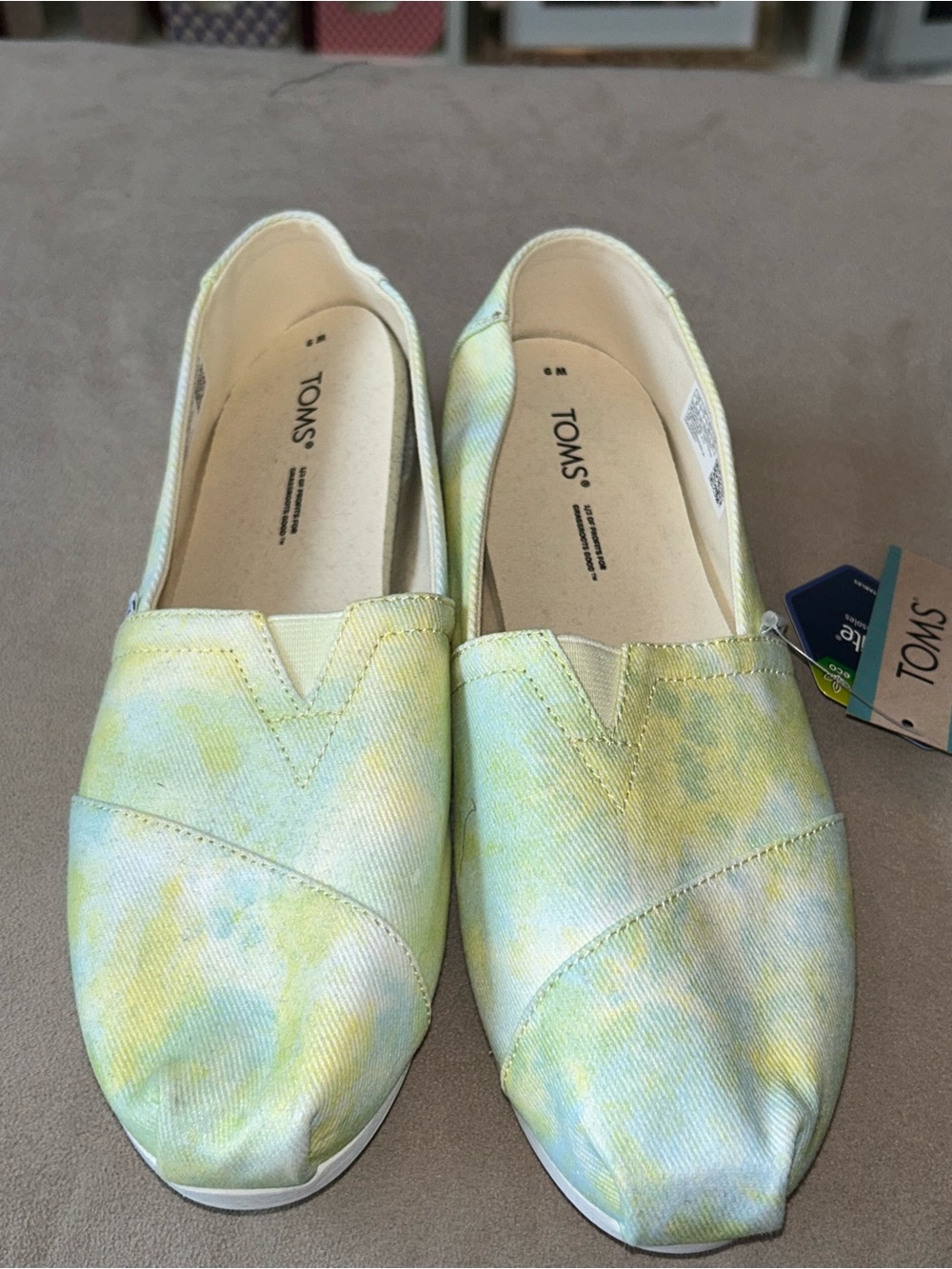 TOMS Women's Slip-On Canvas Flats in Pastel Yellow and Light Green Tie-Dye